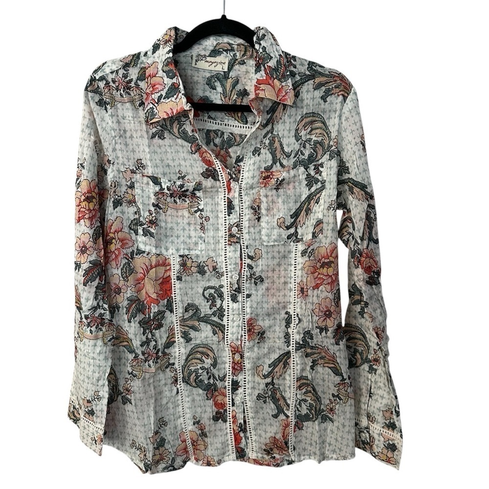 Magazine Women’s Long Sleeve Floral Lace Detailed Button Up Blouse Sz L GUC